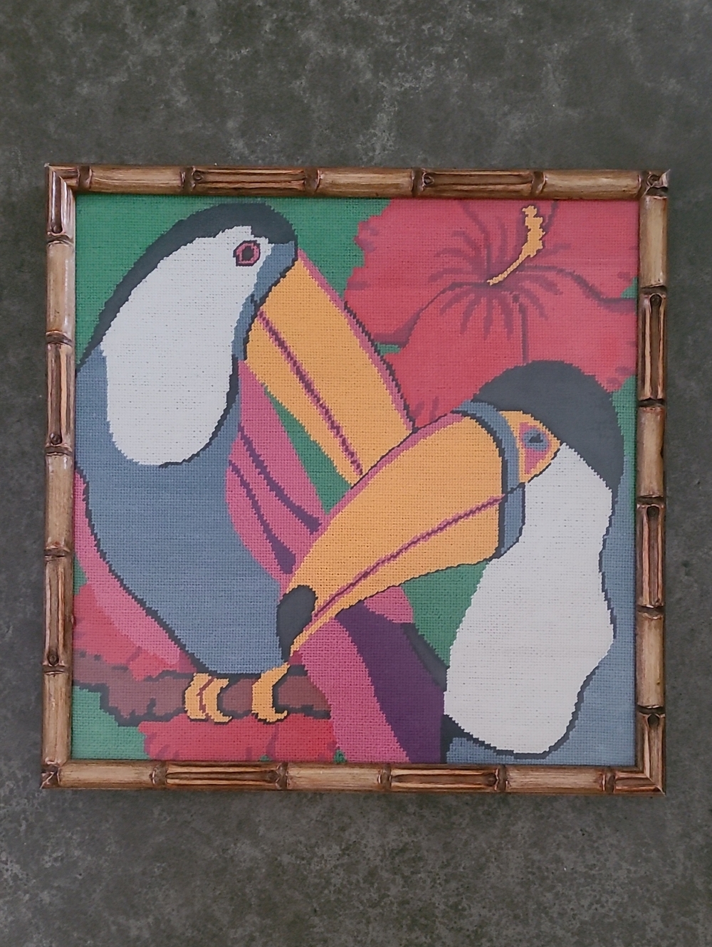 VINTAGE NEEDLEPOINT TOUCAN BIRD FRAMED ART BAMBOO FRAME